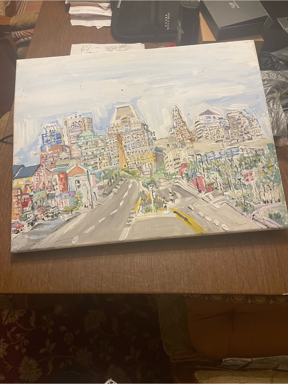 Cityscape Canvas Painting in Soft Blue and Gray Tones
